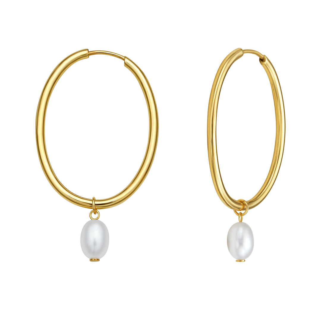 14K Pearl Drop Oval Hoops