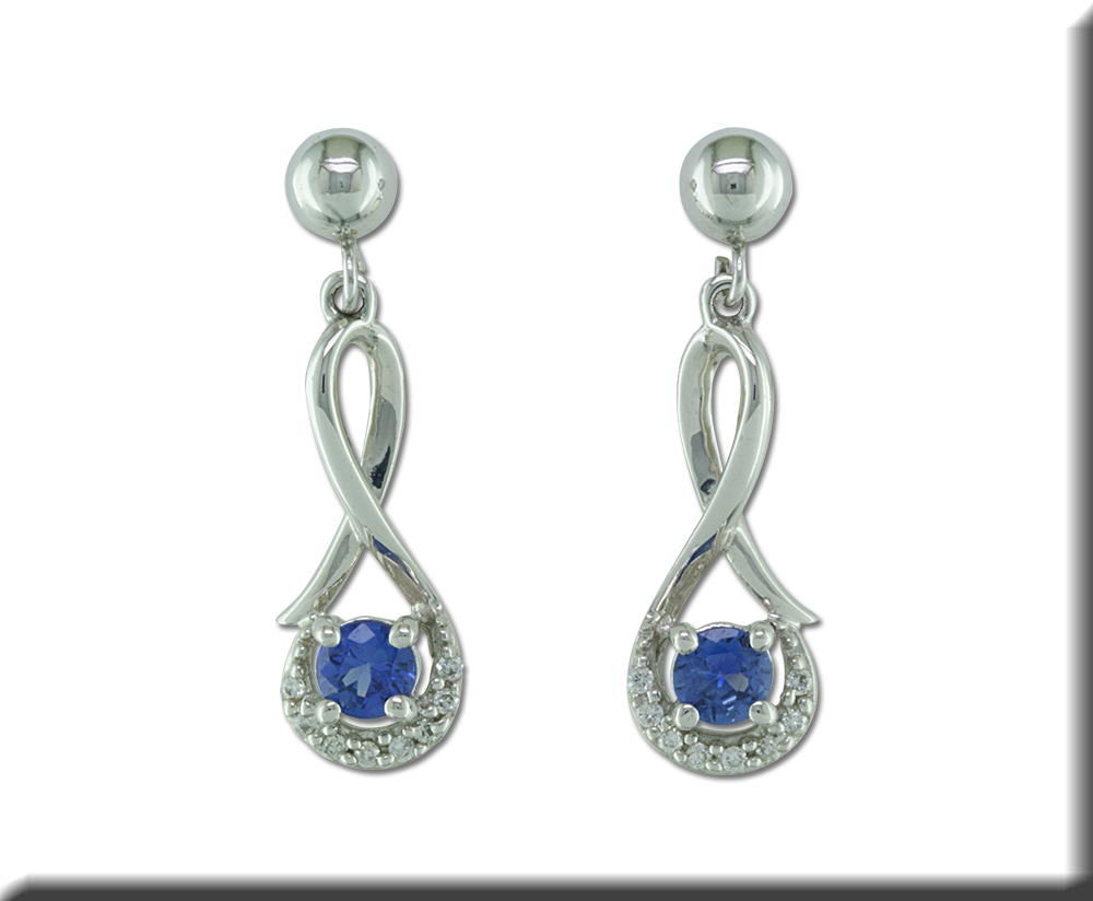 14K White Gold Blue Sapphire/Diamond Earrings with Ball Post