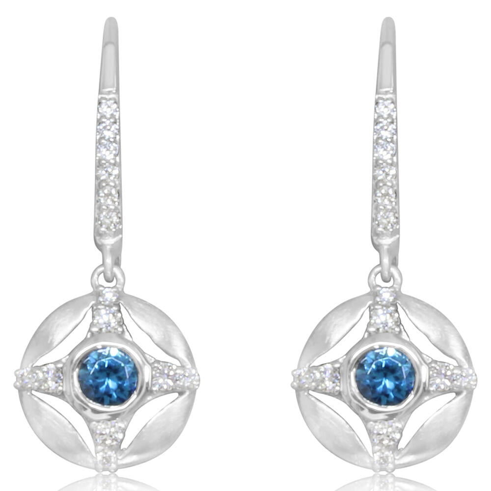 14K White Gold Blue Zircon/Diamond Earrings