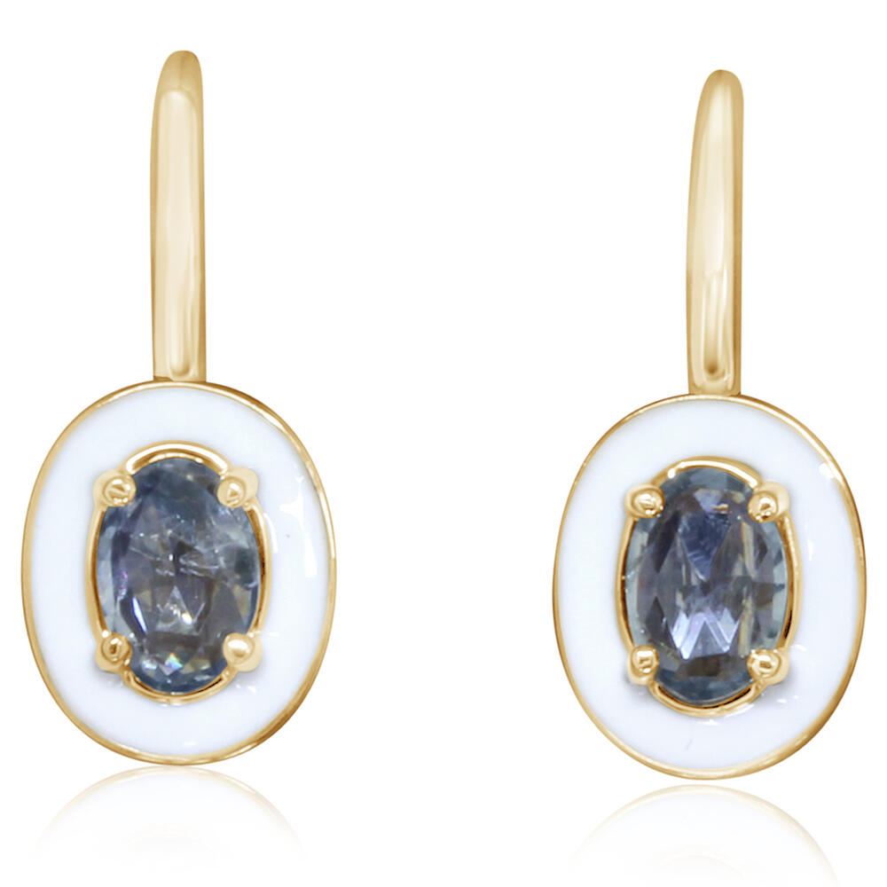 14K Yellow Gold Montana Sapphire Earrings with White Enamel