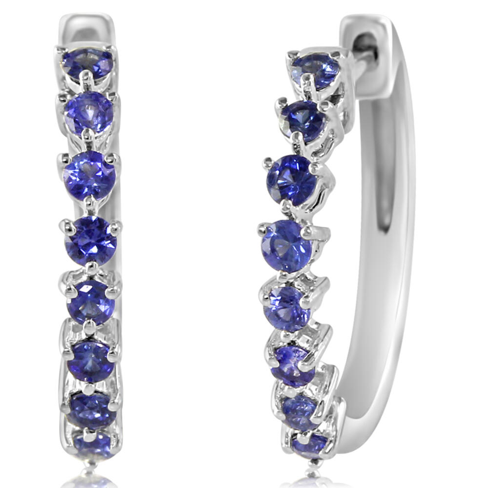 14K White Gold Blue Sapphire Hoop Earrings