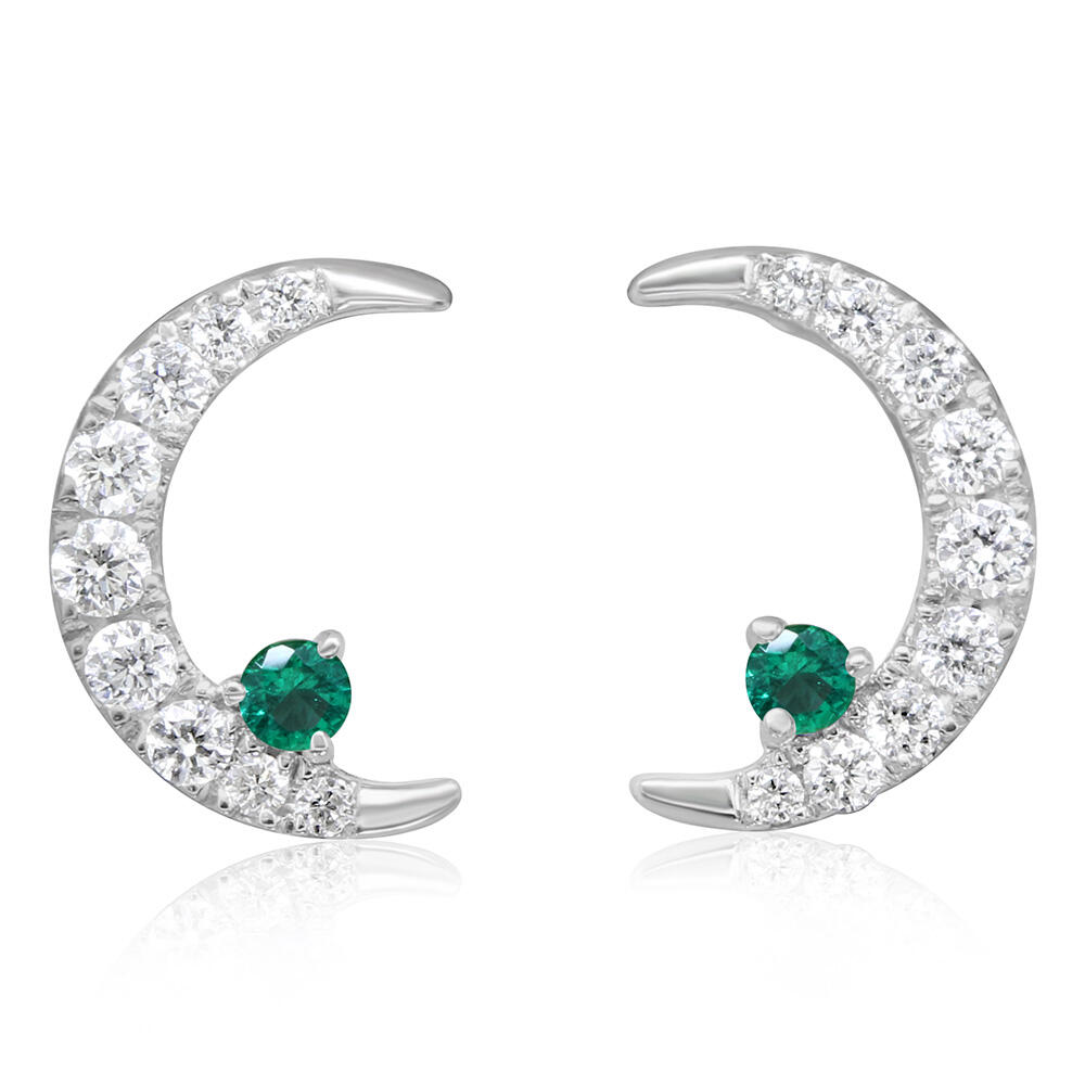 14K White Gold Emerald/Diamond Moon Earrings