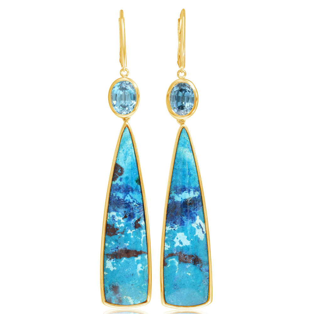 14K Yellow Gold Chrysocolla/ Blue Zircon Earrings