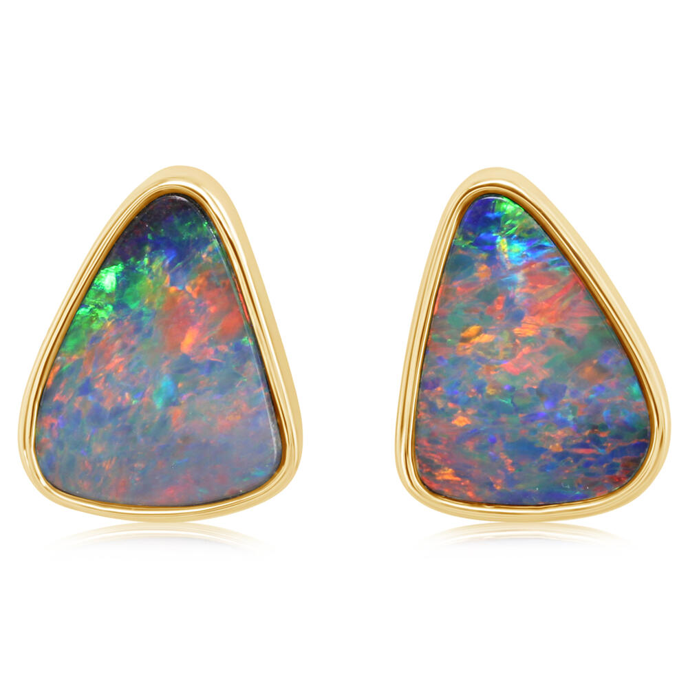 14K Yellow Gold Australian Opal Doublet Earrings