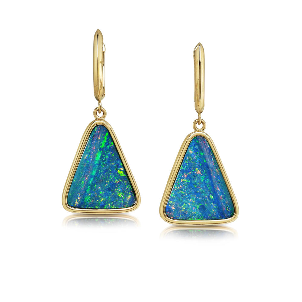 14K Yellow Gold Australian Opal Doublet Plain Bezel Leverback Earrings