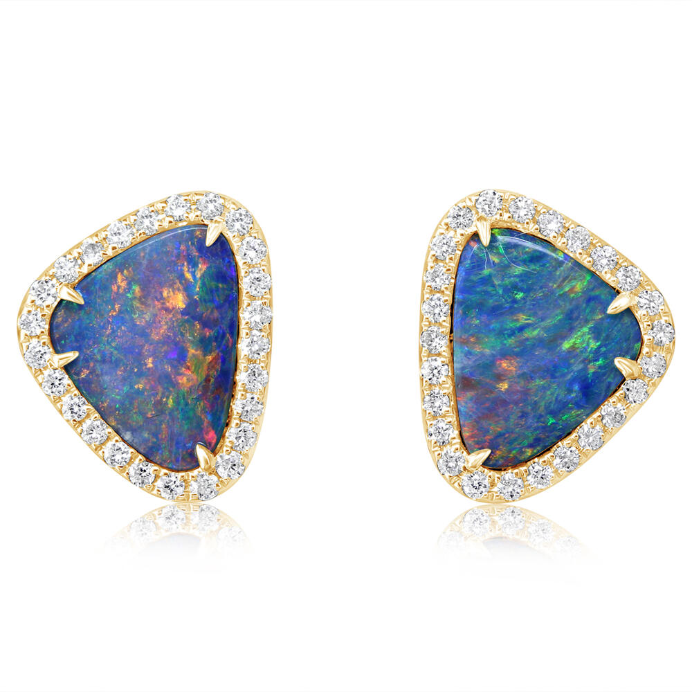 14K Yellow Gold Australian Opal Doublet/Diamond Earrings