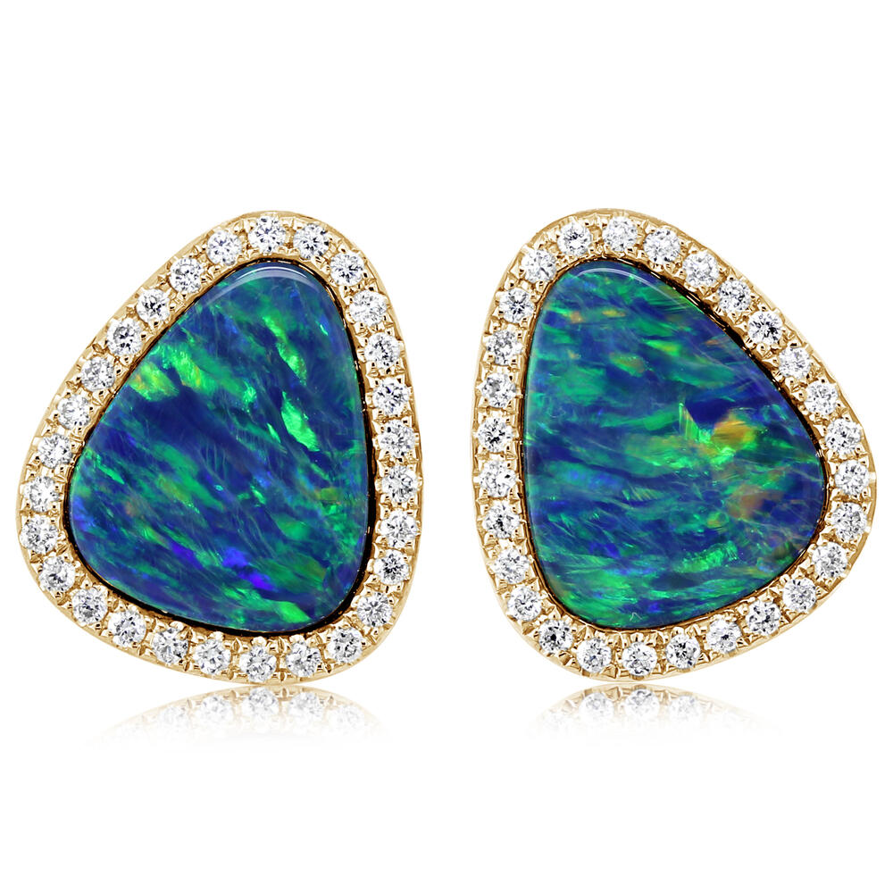 14K Yellow Gold Australian Opal Doublet/Diamond Earrings