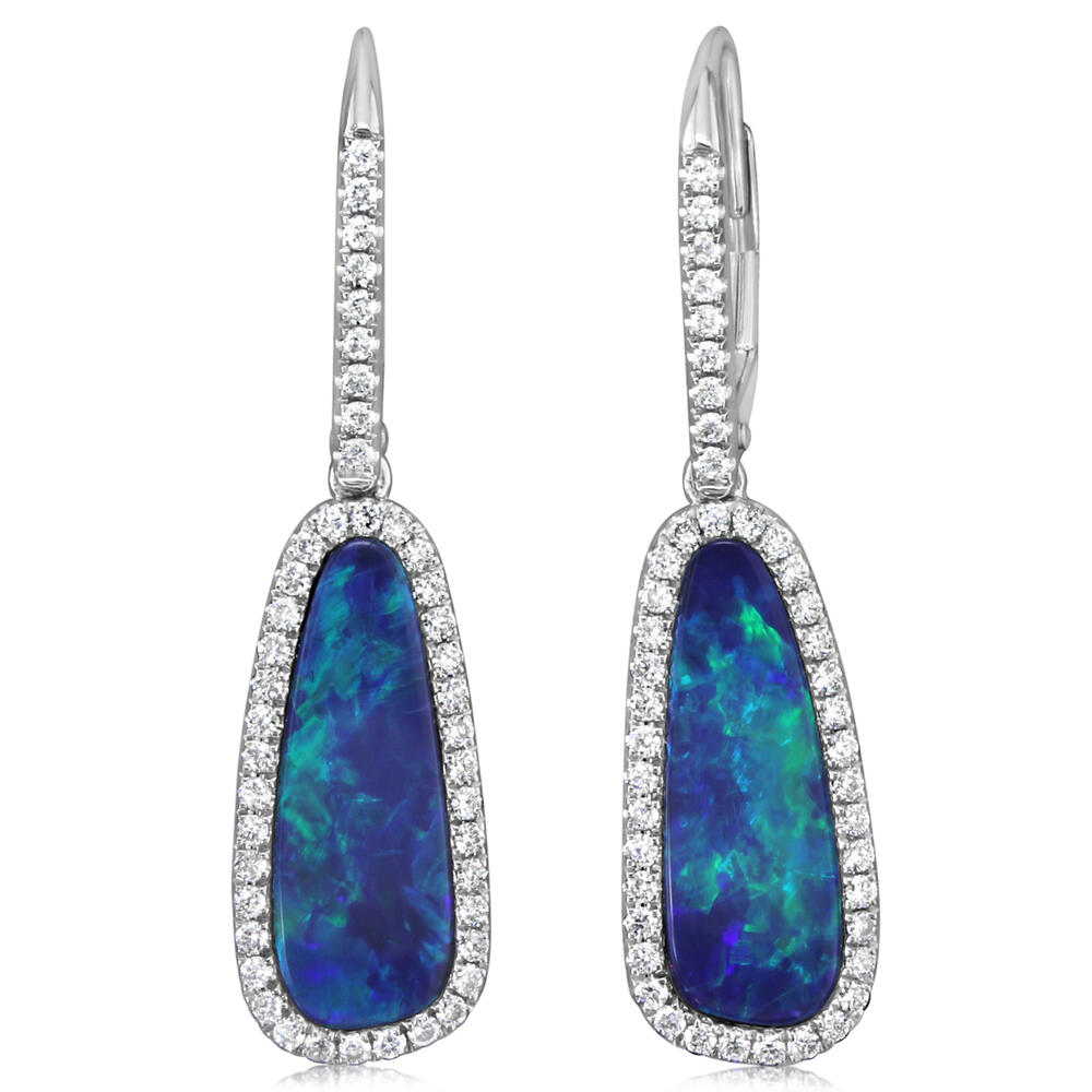 14K White Gold Australian Opal Doublet/Diamond Earrings