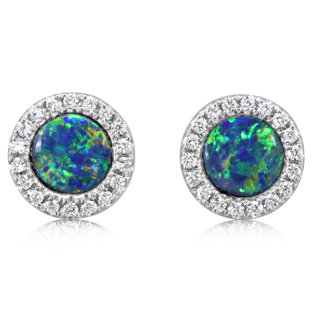 14K White Gold Australian Opal Doublet/Diamond Earrings