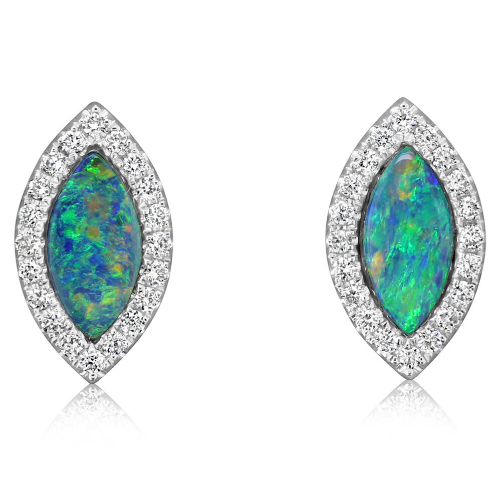 14K White Gold Australian Opal Doublet/Diamond Earrings