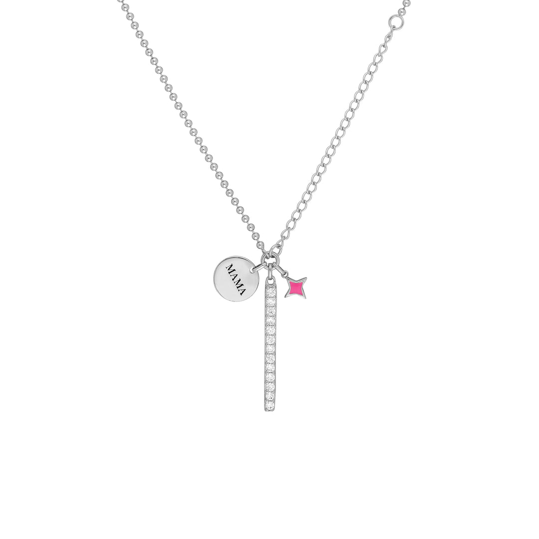 Sterling Silver Girl Mama CZ Bar Mixed Charm Necklace