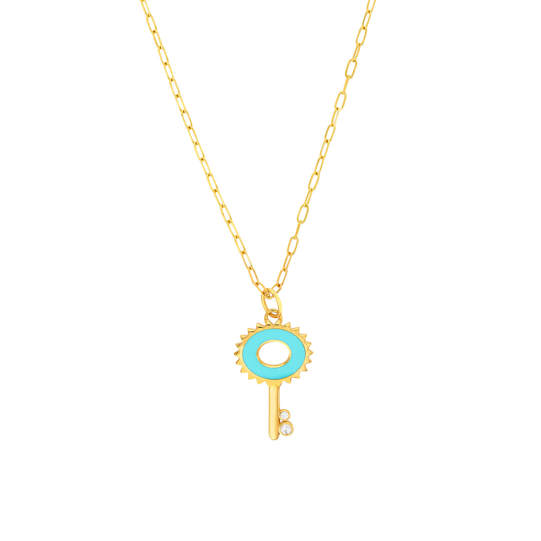 Lt.Turquoise Enamel Key Necklace with Diamonds