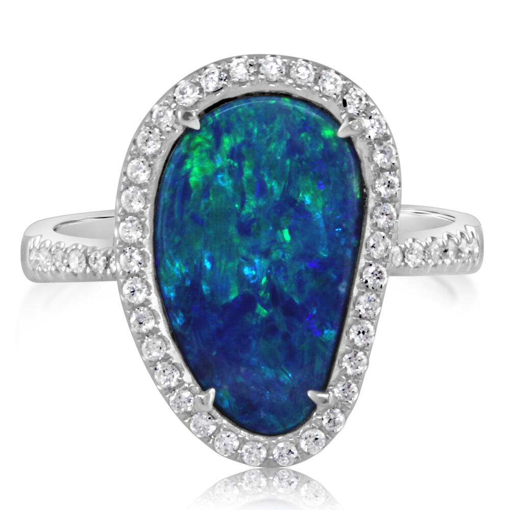 14K White Gold Australian Opal Doublet/Diamond Ring