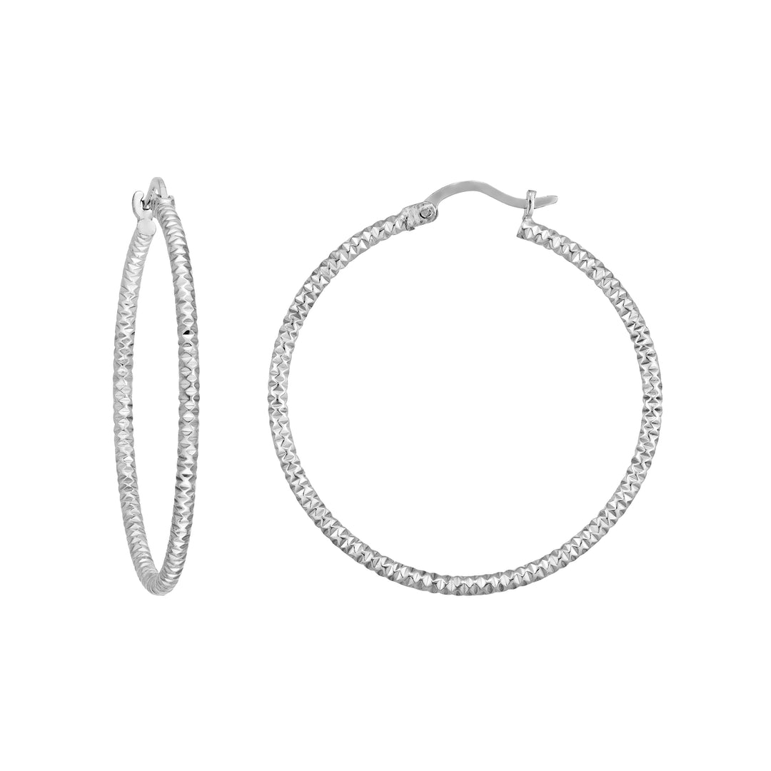 Sterling Silver 2mm x 30mm Diamond-Cut Hoop Earrings