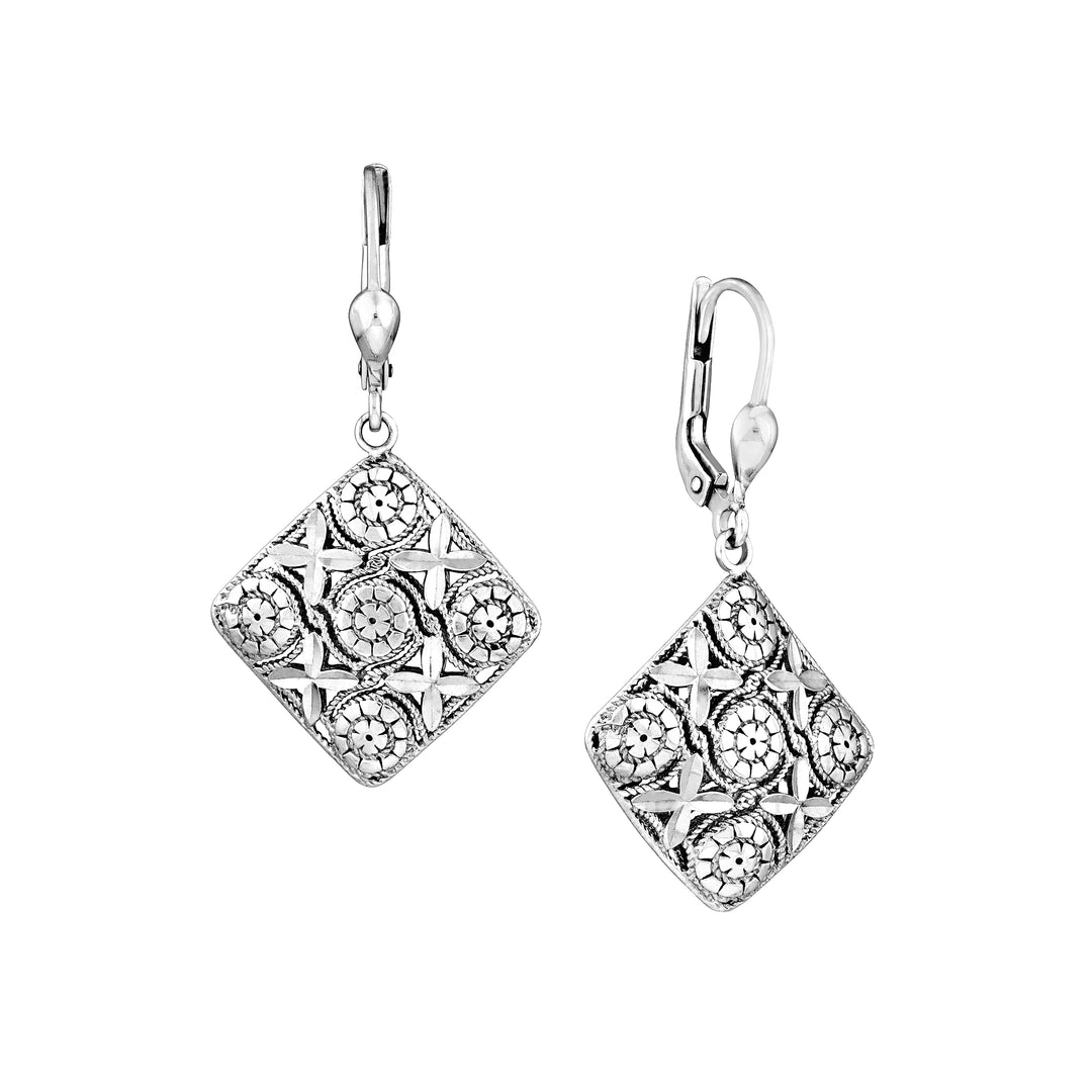 Plated Sterling Silver Filigree Square Drop Earrings