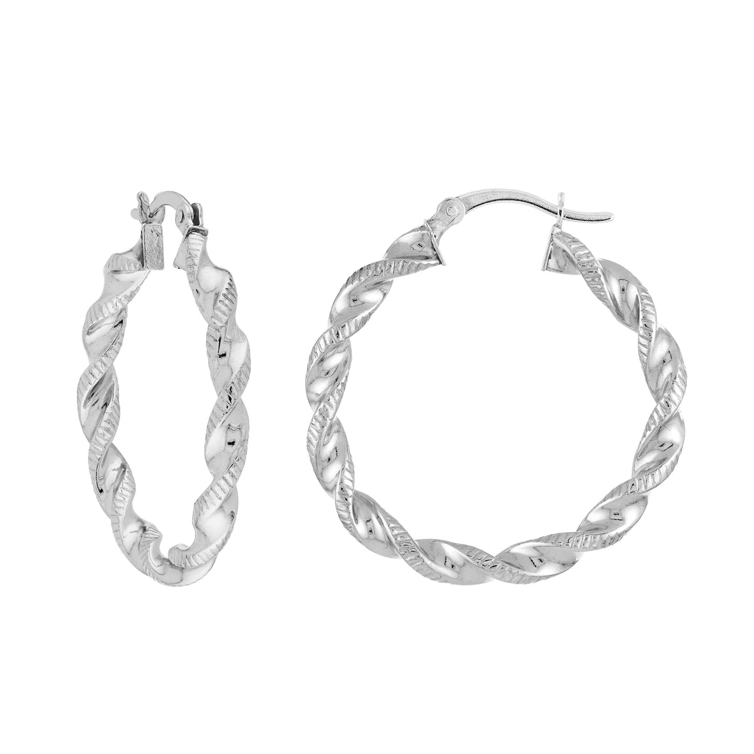 Sterling Silver Twisted Polished and Textured Hoop Earrings