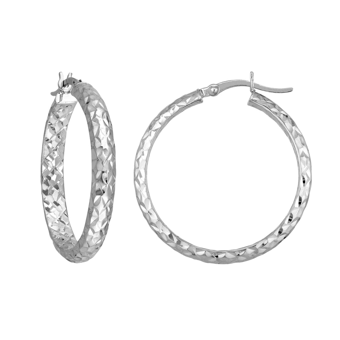 Sterling Silver 4mm x 30mm Diamond-Cut Rhodium Hoop Earrings