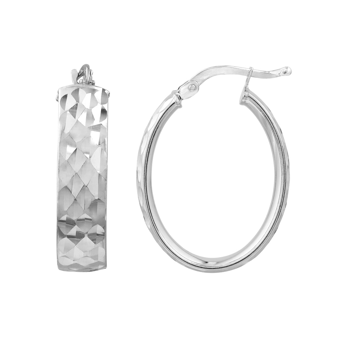 Plated Sterling Silver Diamond-Cut Patterned Oval Hoops