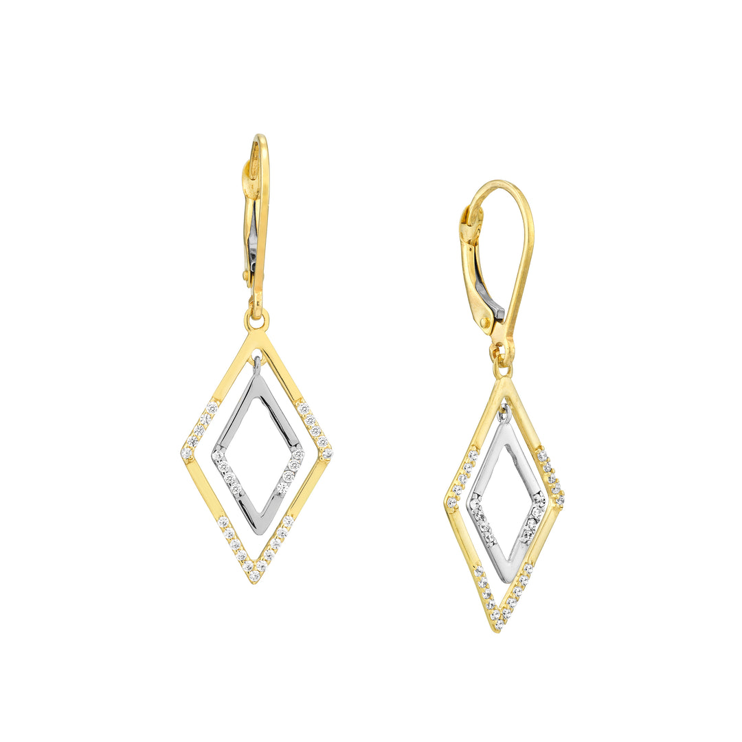 Two-tone CZ Double Framed Rhombus Drop Earrings