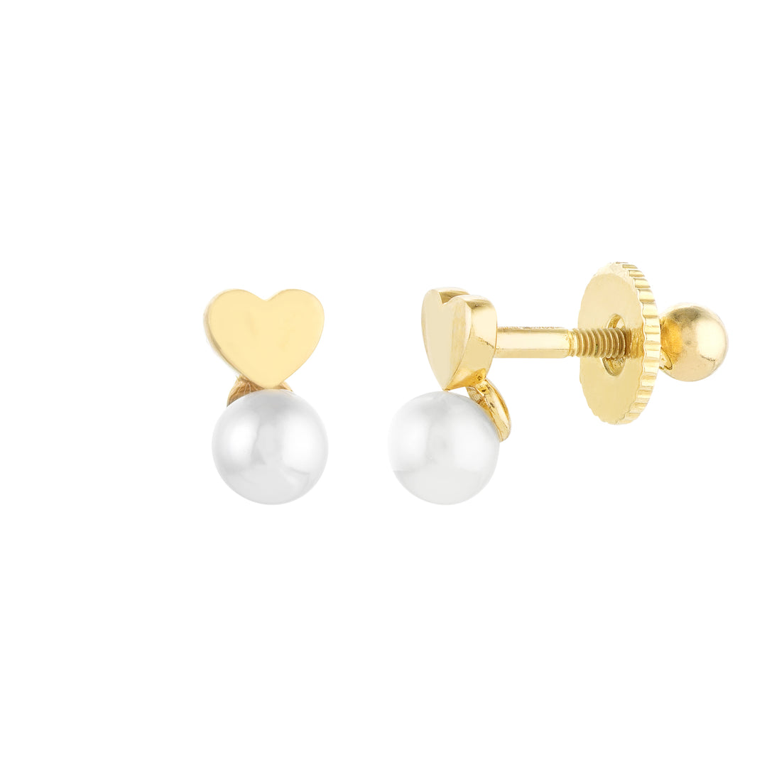 Childs Screw Back Heart and Pearl Stud Earrings